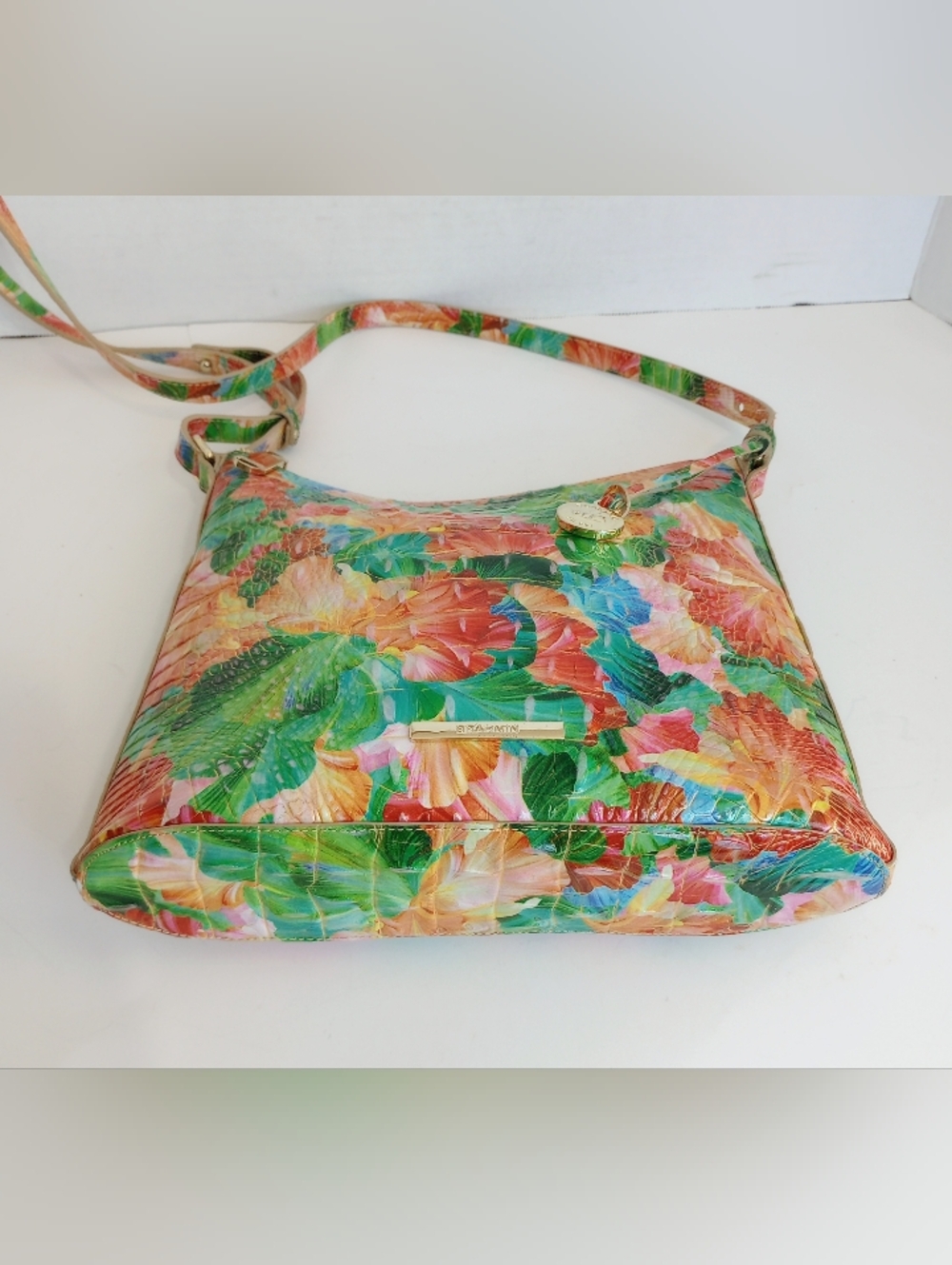 Brahmin Katie Taffy Melbourne Croc Embossed Leather Floral Crossbody Purse - Picture 11 of 13
